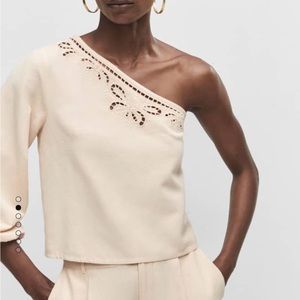Mango Asymmetrical embroidered openwork ecru top, one shoulder eyelet top